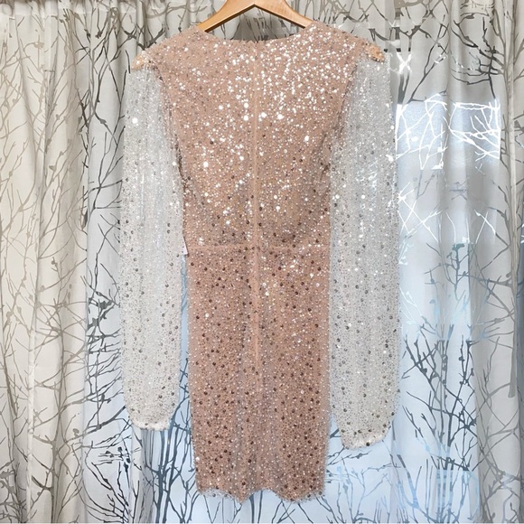 NADINE MERABI WHITE SILVER SEQUIN BEADED BALLOON LONG SLEEVE v-neck MAYA DRESS - Picture 10 of 14